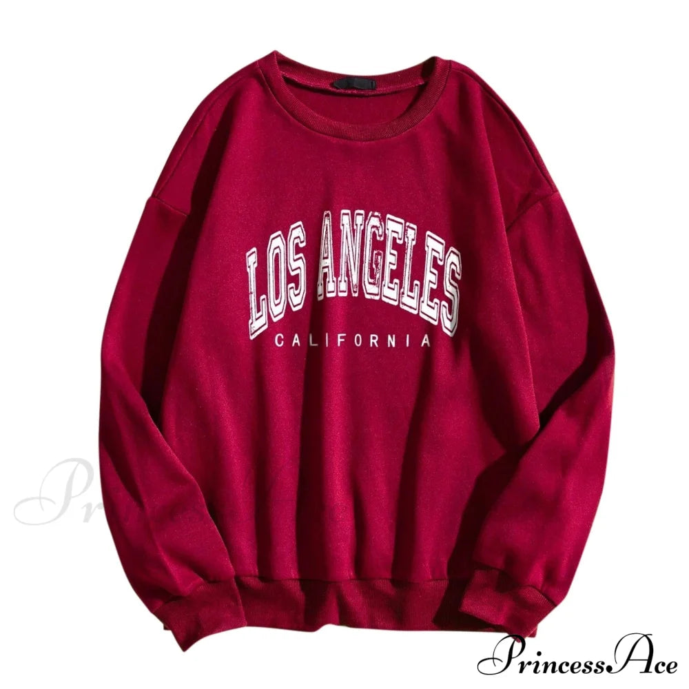 Letter Print O Neck Long-Sleeve Hoody Pullover Wine Red / S