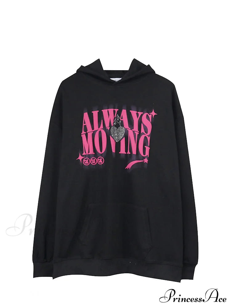 Letter Print Oversize Streetwear Hoody Pullover Black / S