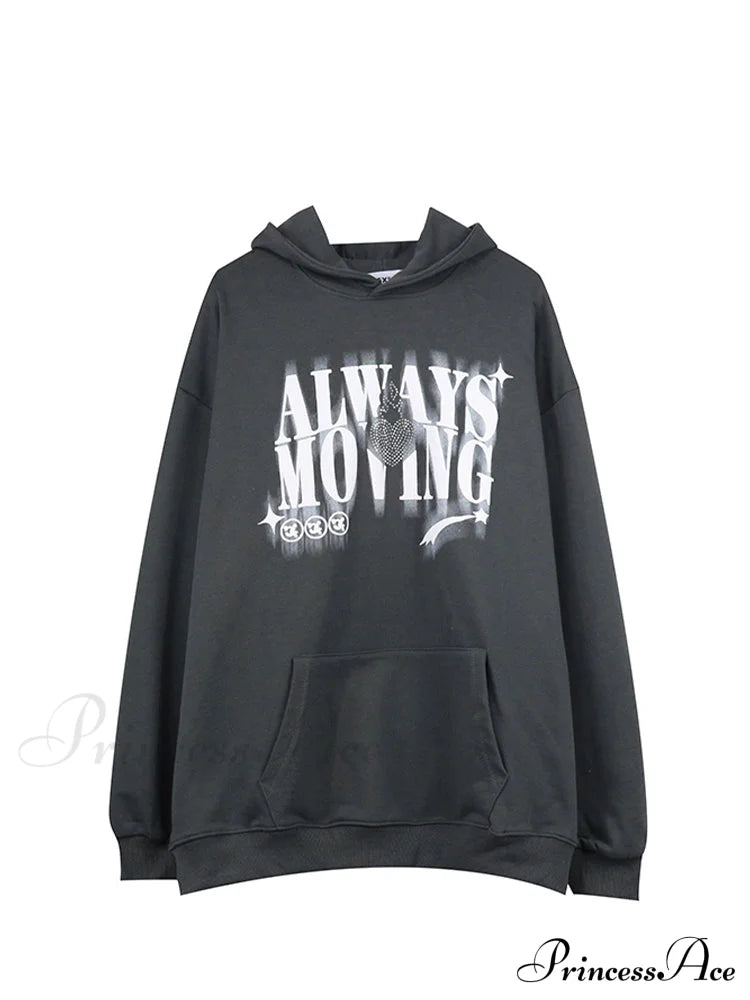 Letter Print Oversize Streetwear Hoody Pullover Dark Gray / S