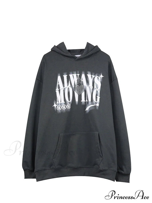 Letter Print Oversize Streetwear Hoody Pullover Dark Gray / S