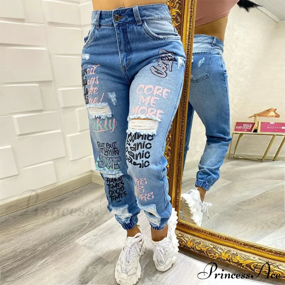 Letter Print Ripped New Casual Denim Jean Blue / S