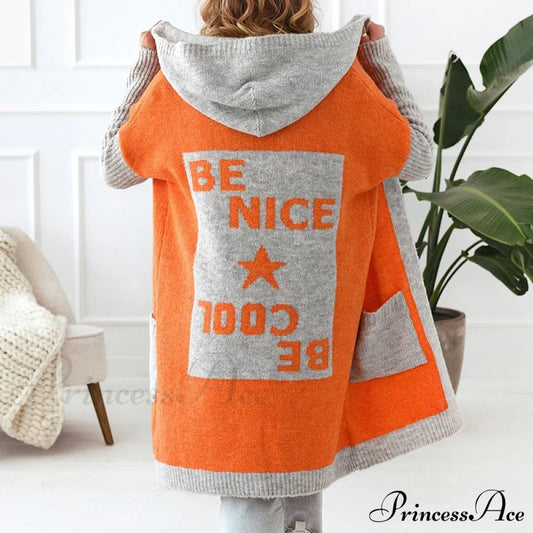 Letter Print Winter Warm Jacket Colorblock Hooded Cardigan 04 Orange / S