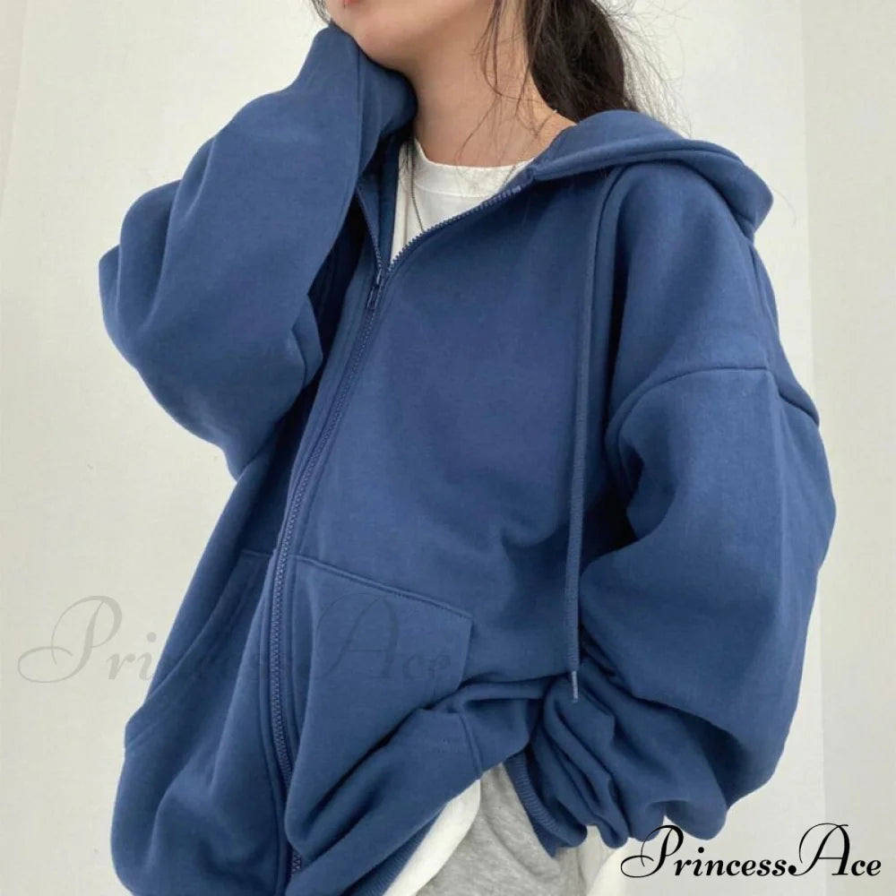 Letter Print Zip Up Hoodies Blue / Xs Sweatshirts & Hoodies-L