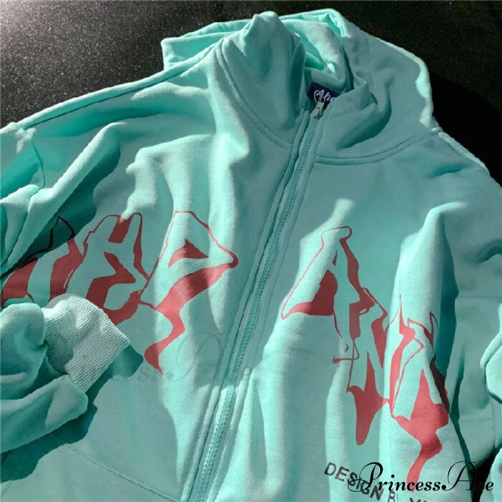 Letter Print Zip Up Hoodies Green / Xs Sweatshirts & Hoodies-L