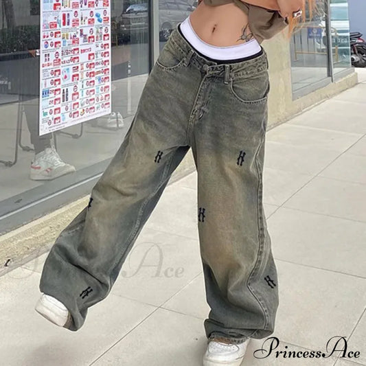 Letter Straight Wide Leg Denim Low Waist Vintage 2024 Oversized Hip Hop Harajuku Cargo Jean Blue / S
