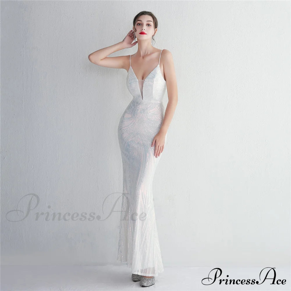 Liana Formal Sequin Charming Scroll Mermaid Dress White / S S.o. Long Dresses