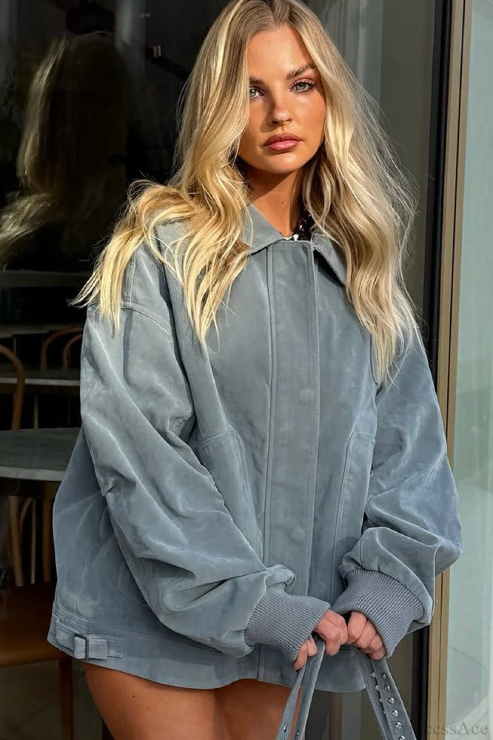 Light Blue Suede Collared Varsity Jacket