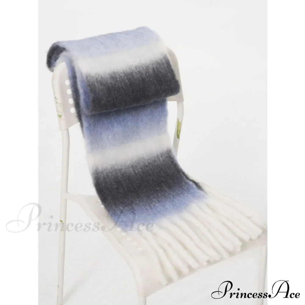 Light Luxury Gradient Color Wool Striped Fringed Mohair Scarf Black White Blue / L221Cm W24Cm