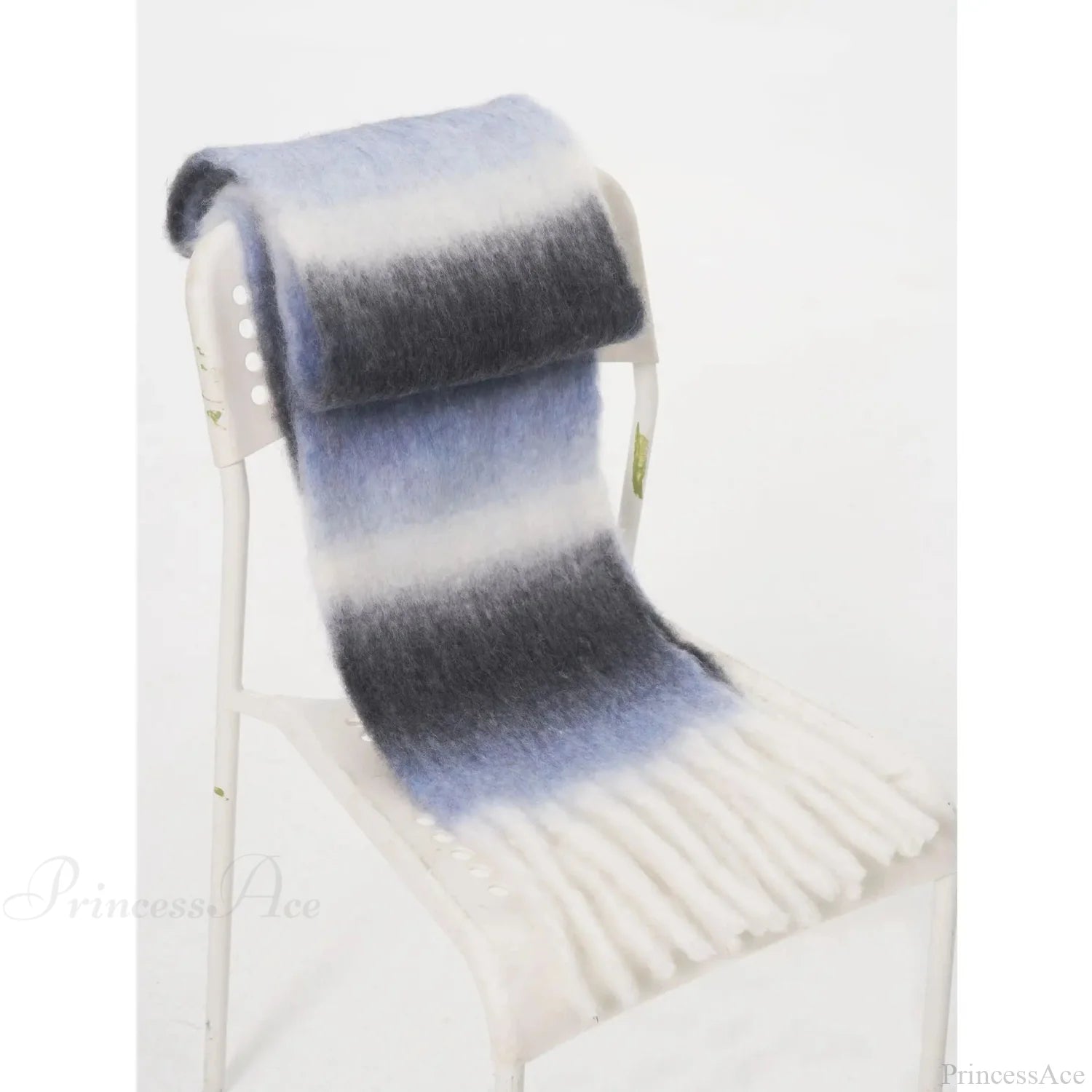 Light Luxury Gradient Color Wool Striped Fringed Mohair Scarf Black White Blue / L221Cm W24Cm