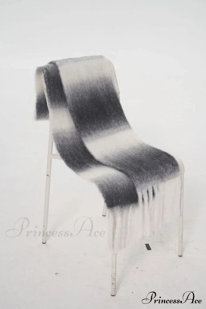 Light Luxury Gradient Color Wool Striped Fringed Mohair Scarf Black White Grey / L221Cm W24Cm