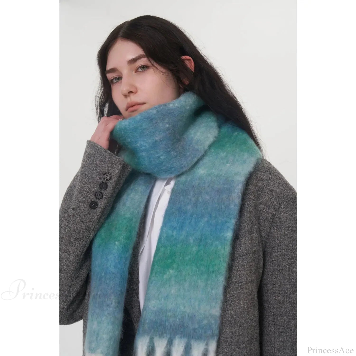 Light Luxury Gradient Color Wool Striped Fringed Mohair Scarf Blue / L221Cm W24Cm Scarfs-L