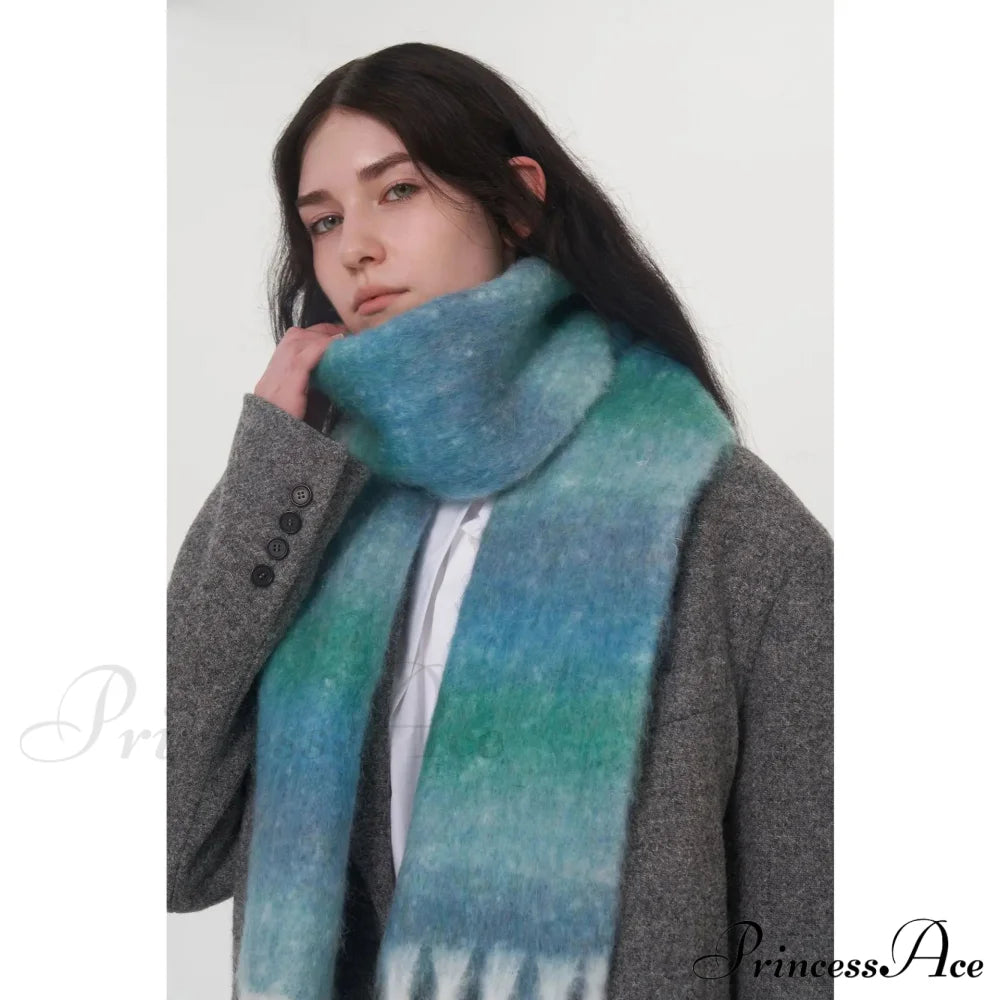 Light Luxury Gradient Color Wool Striped Fringed Mohair Scarf Blue / L221Cm W24Cm Scarfs-L