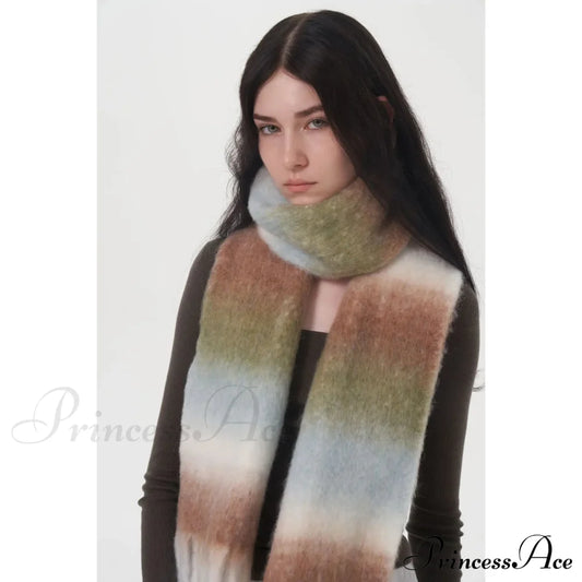 Light Luxury Gradient Color Wool Striped Fringed Mohair Scarf Brown / L221Cm W24Cm Scarfs-L