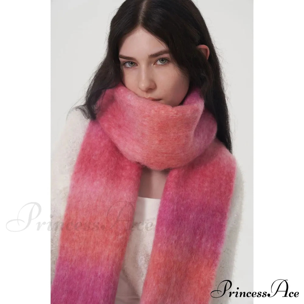 Light Luxury Gradient Color Wool Striped Fringed Mohair Scarf Pink / L221Cm W24Cm Scarfs-L