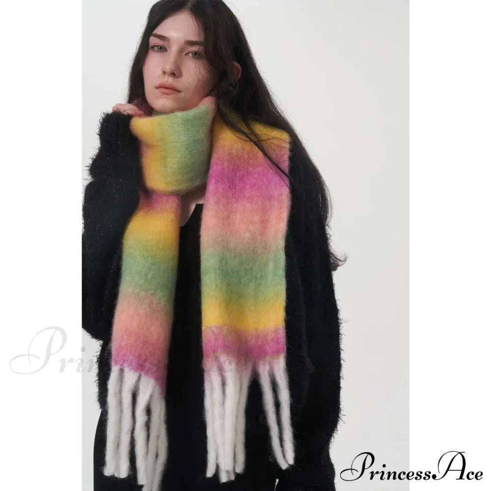 Light Luxury Gradient Color Wool Striped Fringed Mohair Scarf Purple / L221Cm W24Cm Scarfs-L