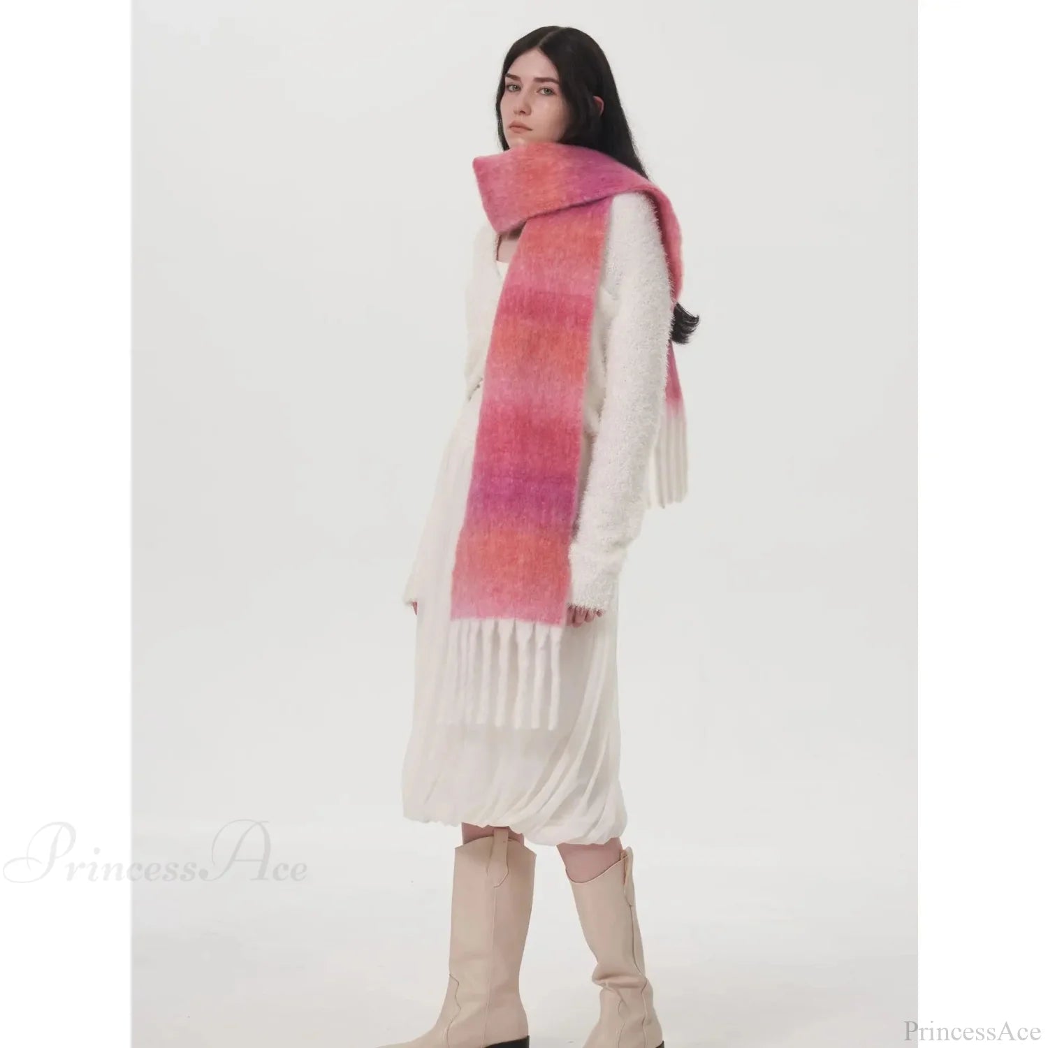 Light Luxury Gradient Color Wool Striped Fringed Mohair Scarf Scarfs-L
