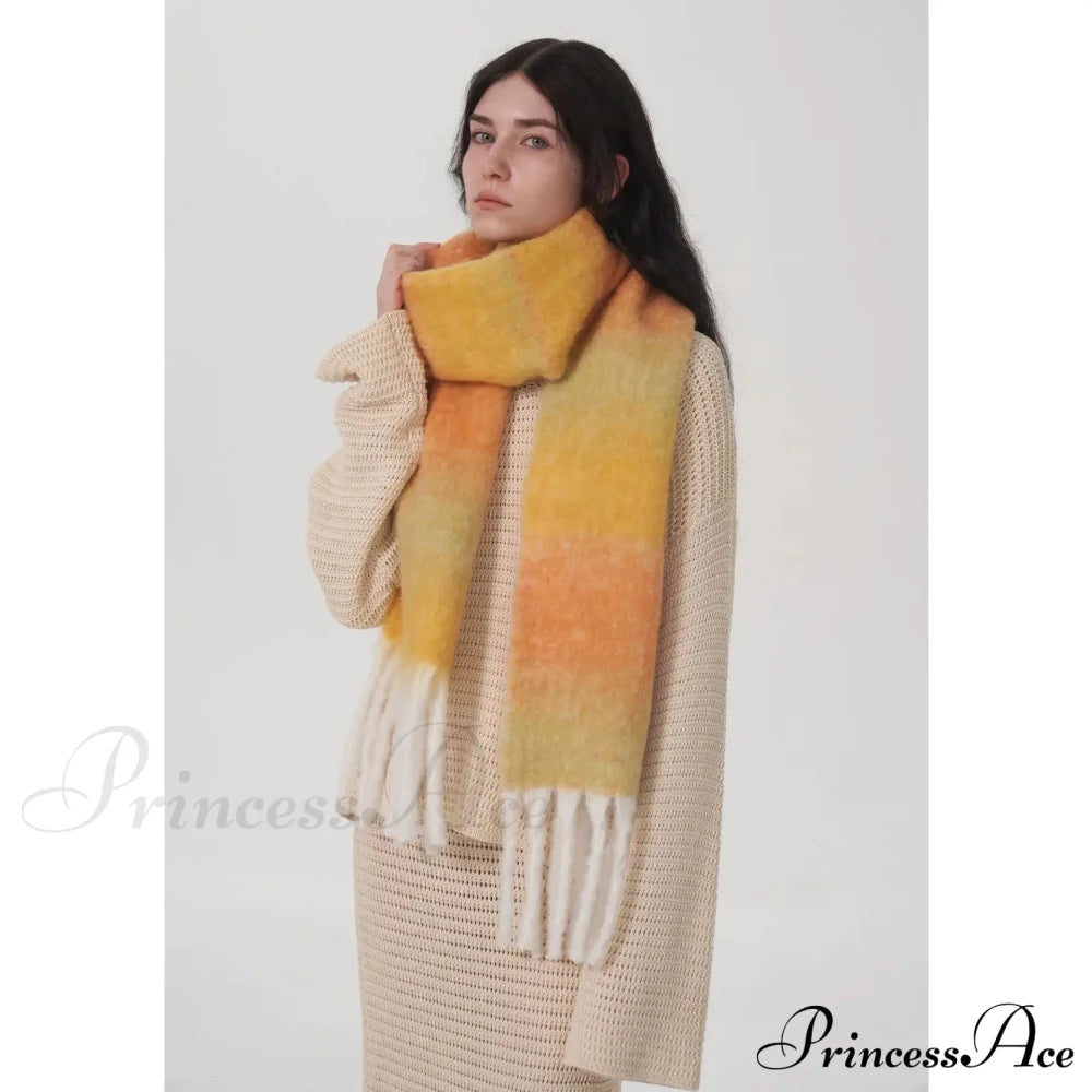 Light Luxury Gradient Color Wool Striped Fringed Mohair Scarf Yellow Orange / L221Cm W24Cm Scarfs-L