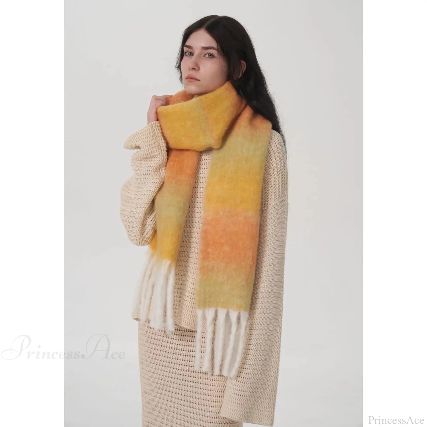 Light Luxury Gradient Color Wool Striped Fringed Mohair Scarf Yellow Orange / L221Cm W24Cm Scarfs-L