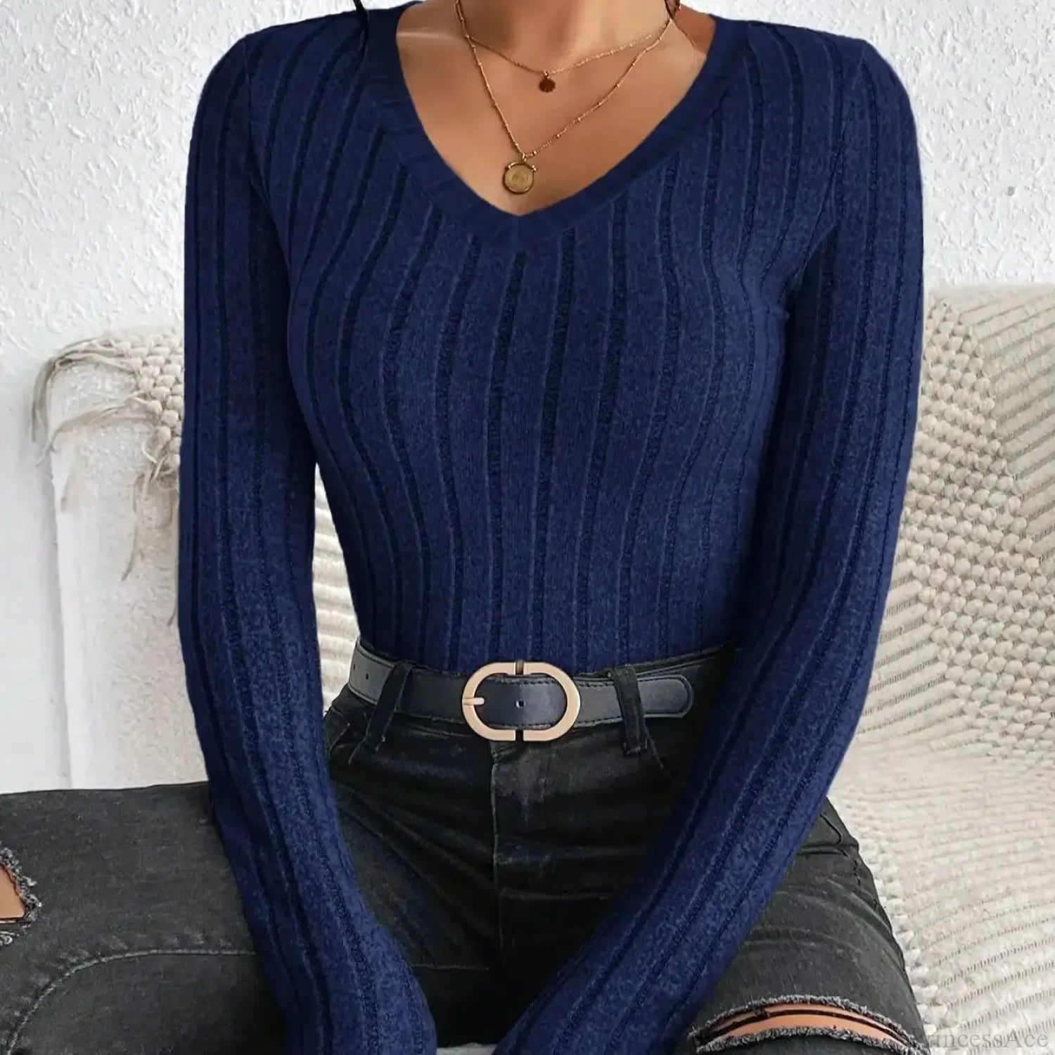 Light Luxury Simple Slim Comfortable V-Neck Pullover Top Women blue / XS knittop-250126