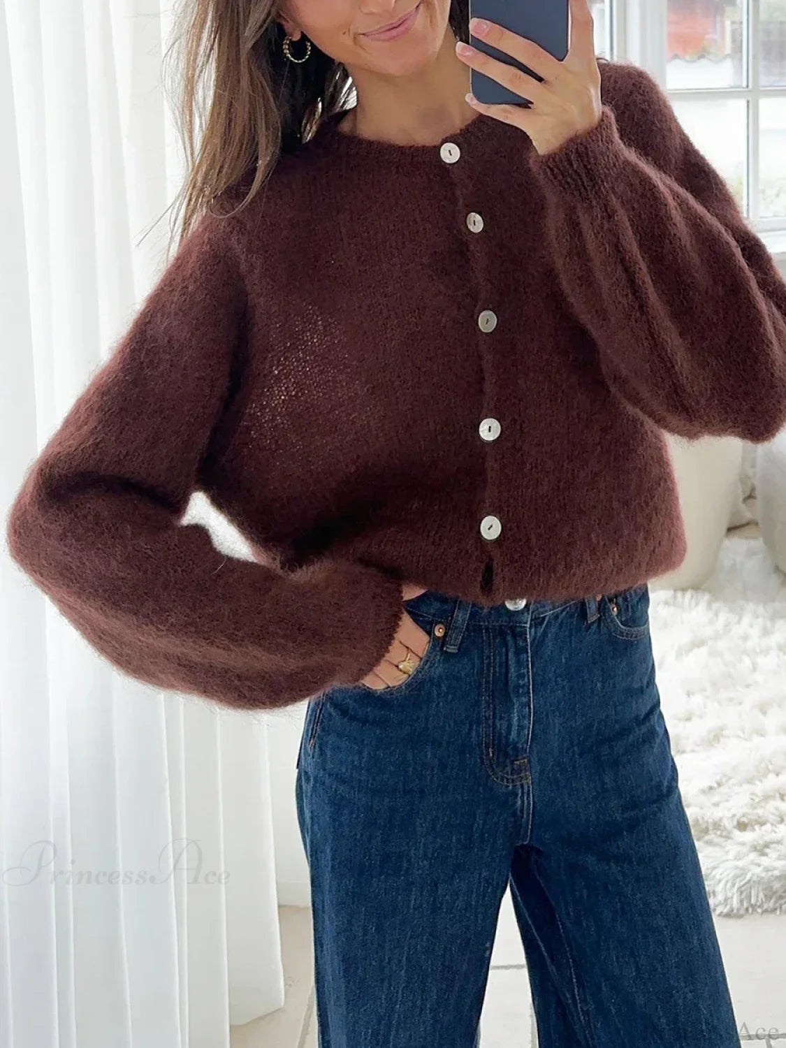 Lightweight Long Sleeve Solid Knit Cardigan brown / S