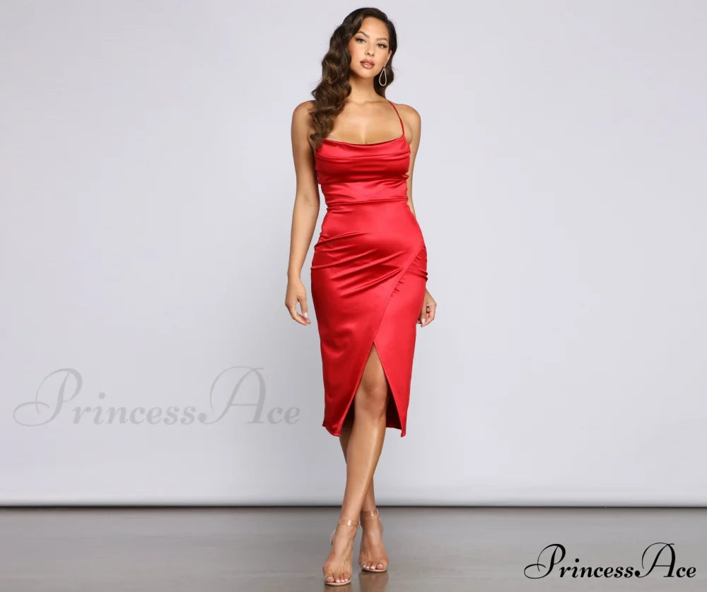 Lillyanne Formal Satin Charming Asymmetrical Midi Dress S.o. Short Dresses