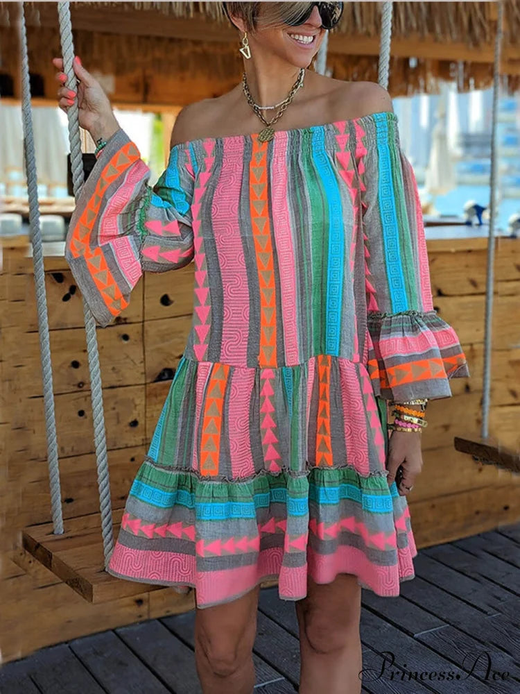 Linen Blend Ethnic Print Graceful Off Shoulder Loose Mini Dress Blue / S Dresses