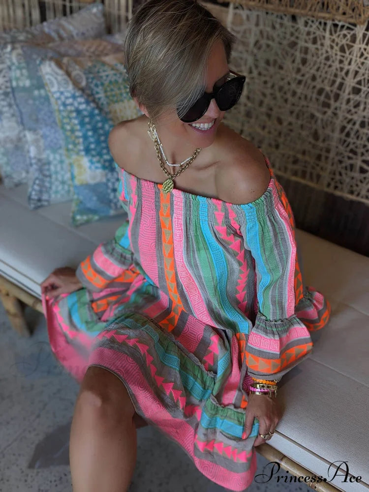 Linen Blend Ethnic Print Graceful Off Shoulder Loose Mini Dress Dresses