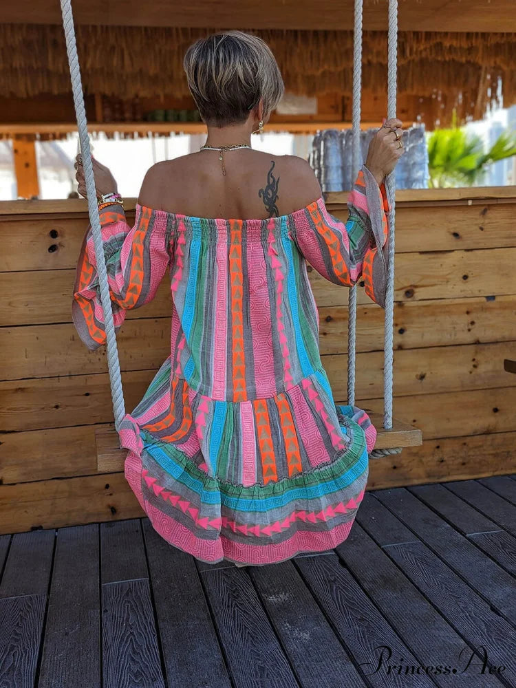 Linen Blend Ethnic Print Graceful Off Shoulder Loose Mini Dress Dresses