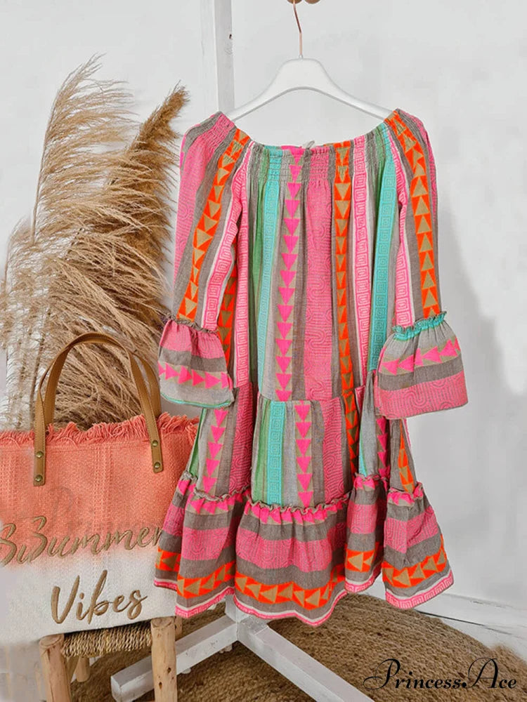 Linen Blend Ethnic Print Graceful Off Shoulder Loose Mini Dress Dresses