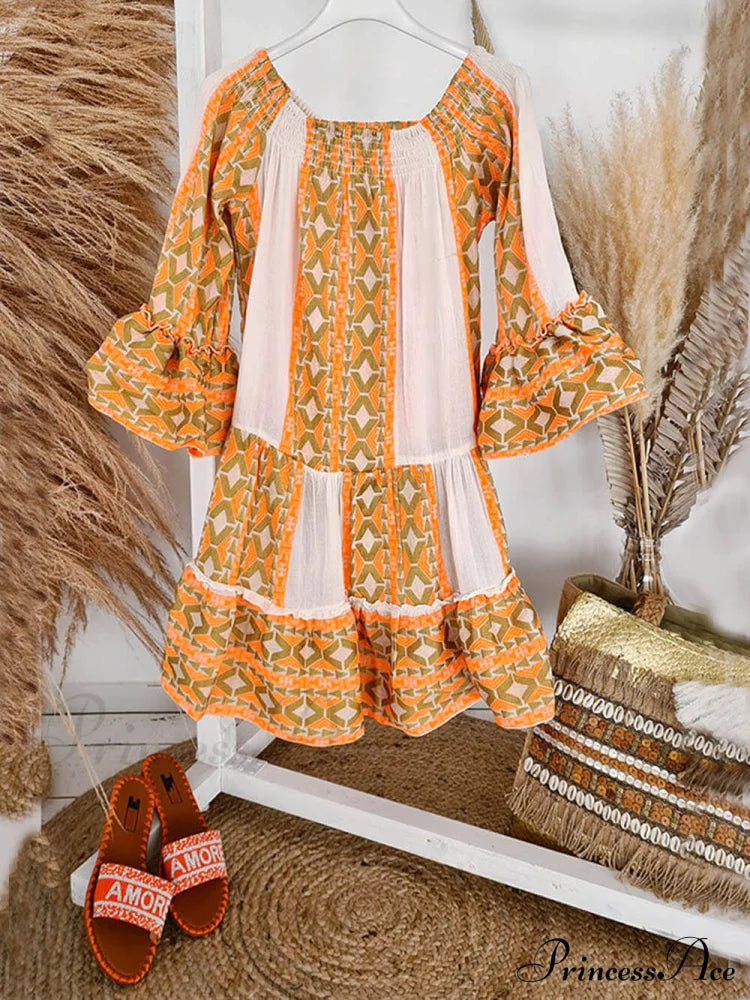 Linen Blend Ethnic Print Graceful Off Shoulder Loose Mini Dress Dresses