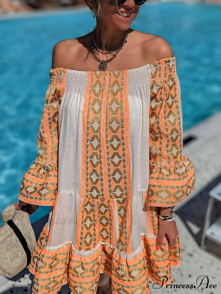 Linen Blend Ethnic Print Graceful Off Shoulder Loose Mini Dress Dresses
