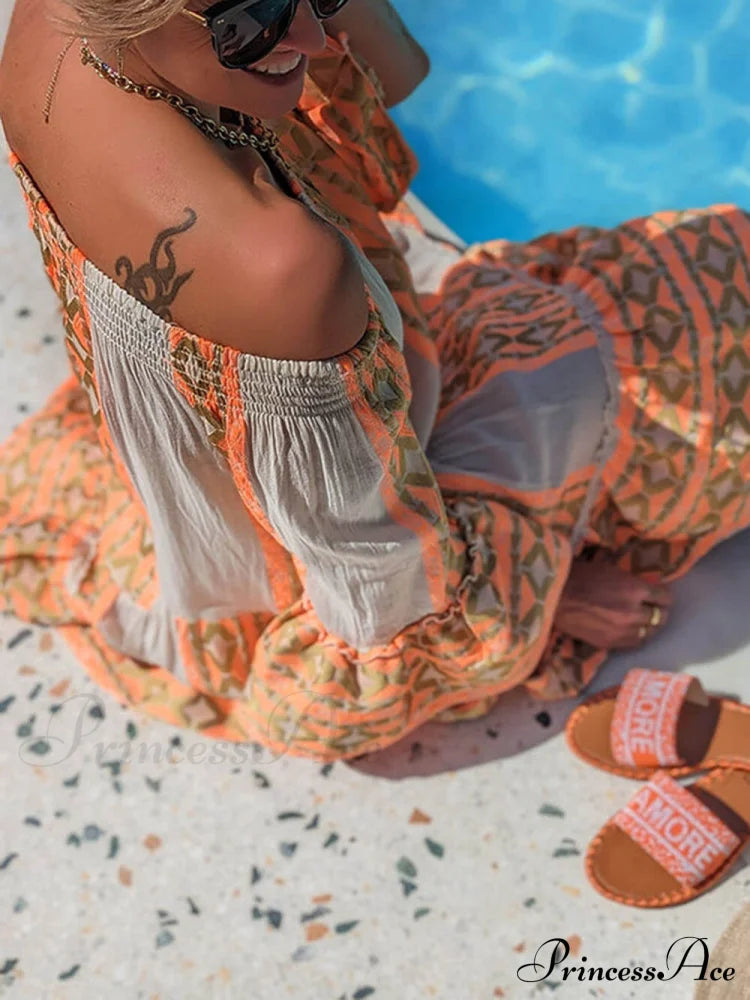 Linen Blend Ethnic Print Graceful Off Shoulder Loose Mini Dress Dresses