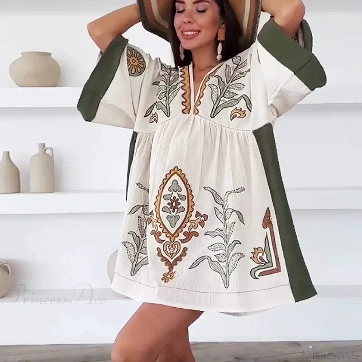 Linen Cotton Floral Boho Dress bohodress-250126