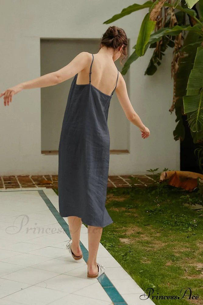 Linen Slip Dress With Daisy Embroidery Grey Blue / L Midi Dresses