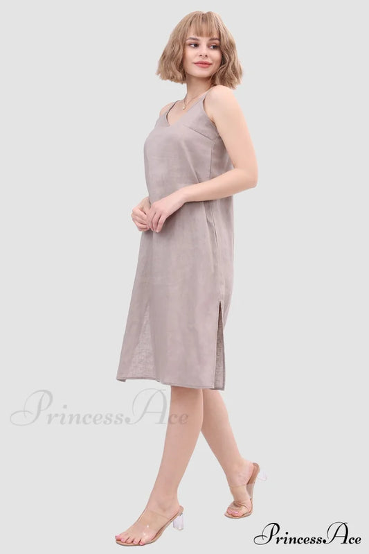 Linen Slip Dress With Daisy Embroidery Grey / M Midi Dresses