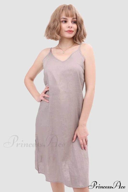 Linen Slip Dress With Daisy Embroidery Grey / S Midi Dresses