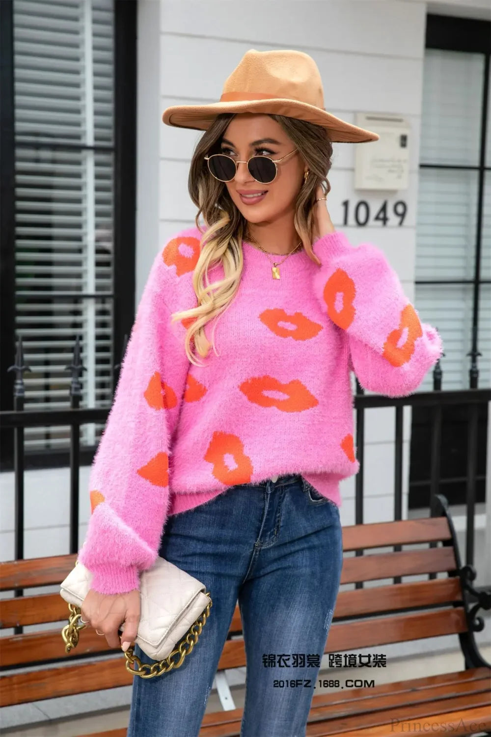 Lip Fur Crochet Work Sweater rose red / S