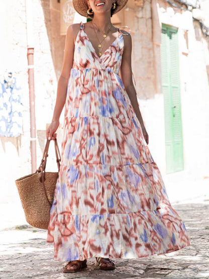 Vacation Casual Loose Tie-Dye Floral Trendy V-Neck Waist Slimming Midi Dress