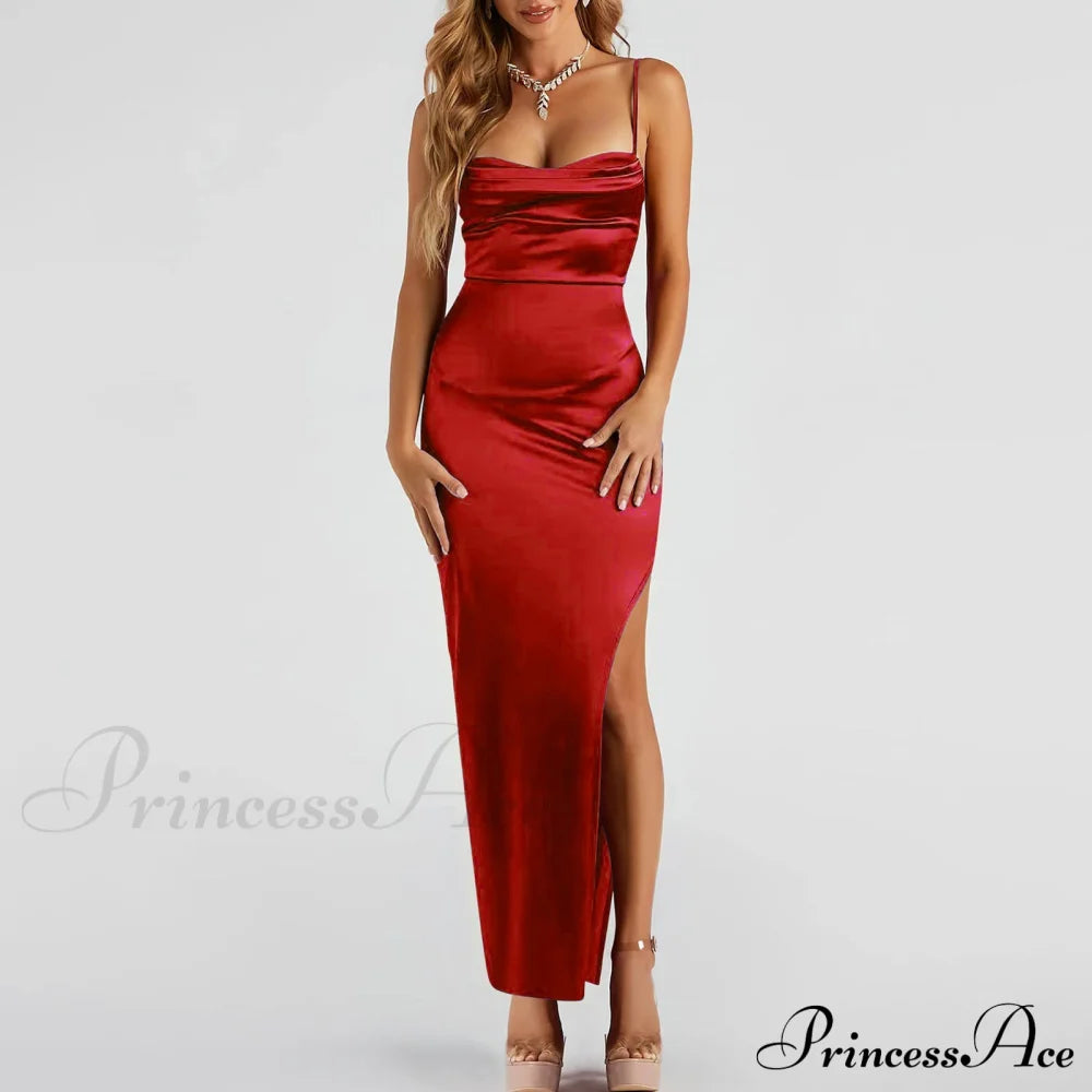 Lola High Slit Charming Satin Dress 2 Red / S S.o. Long Dresses