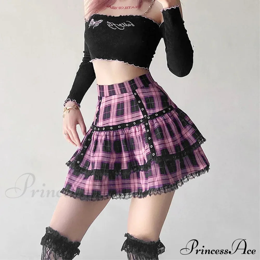 Lolita Cake Gothic Japanese Harajuku Purple Pink Plaid Pleated Skirt Halloween