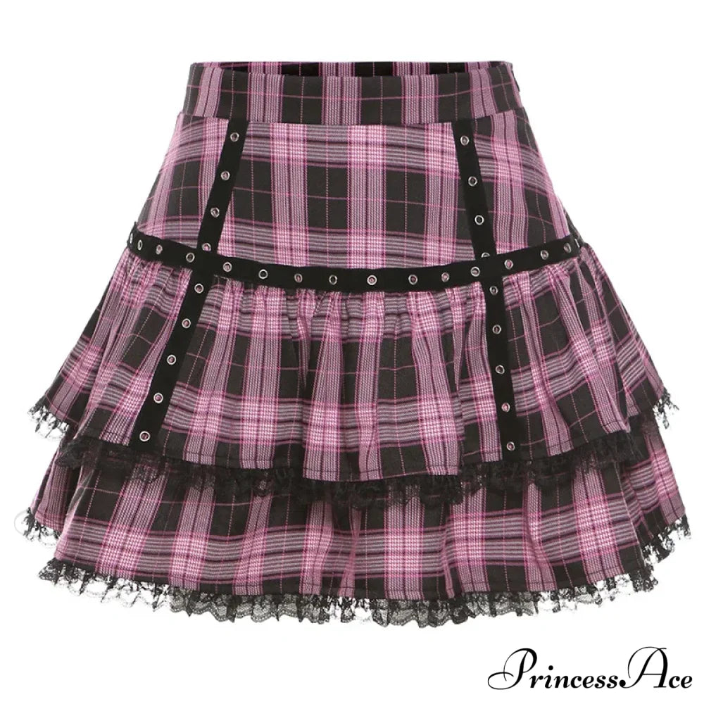 Lolita Cake Gothic Japanese Harajuku Purple Pink Plaid Pleated Skirt Purple / S Halloween