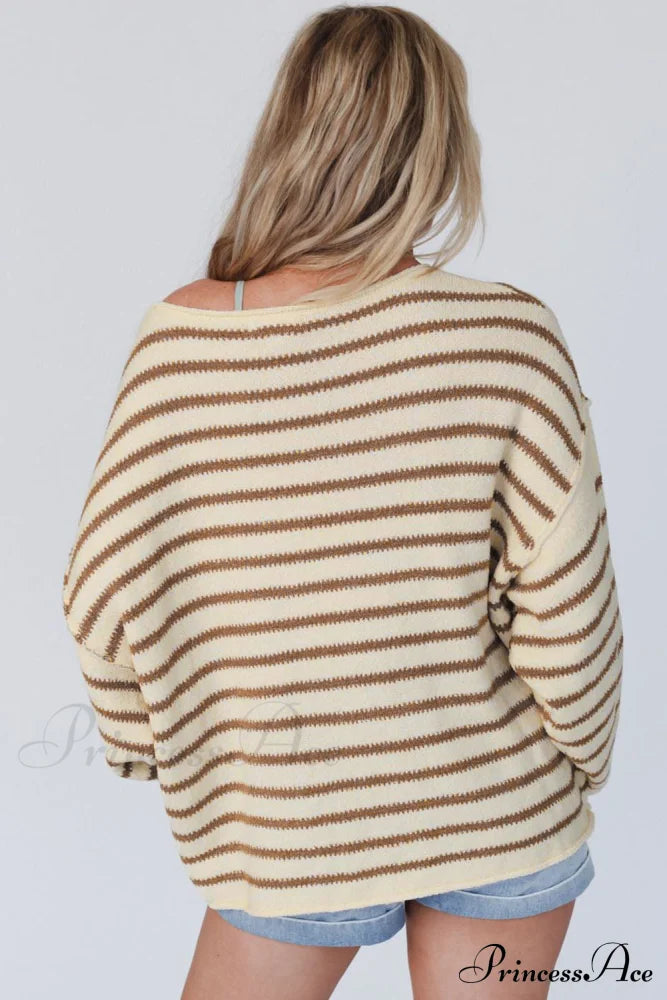 Long And Sweater With Striped Neck Boat Sleeves Sweaters-L