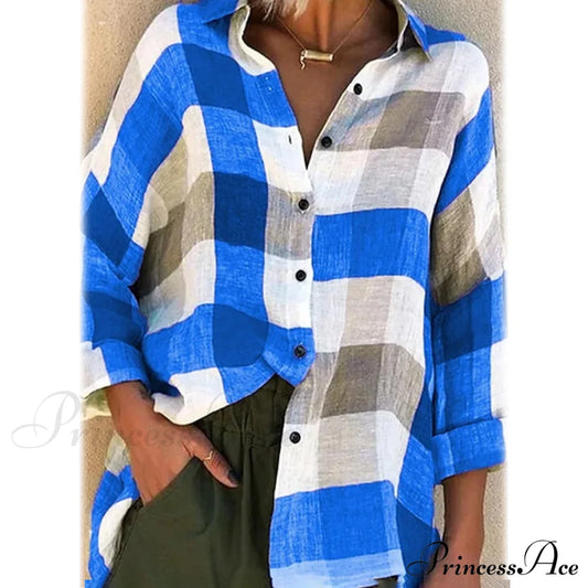 Women's Basic Loose Checkered Long Sleeve Shirt Blue __stock:200 clothes refund_fee:1200 tops