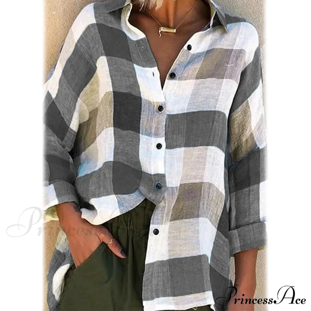 Women's Basic Loose Checkered Long Sleeve Shirt Gray __stock:200 clothes refund_fee:1200 tops