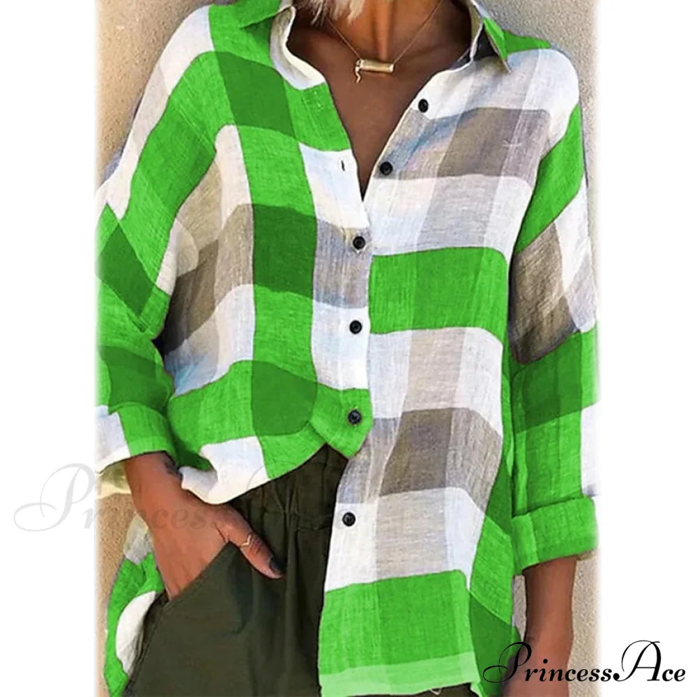 Women's Basic Loose Checkered Long Sleeve Shirt Green __stock:200 clothes refund_fee:1200 tops