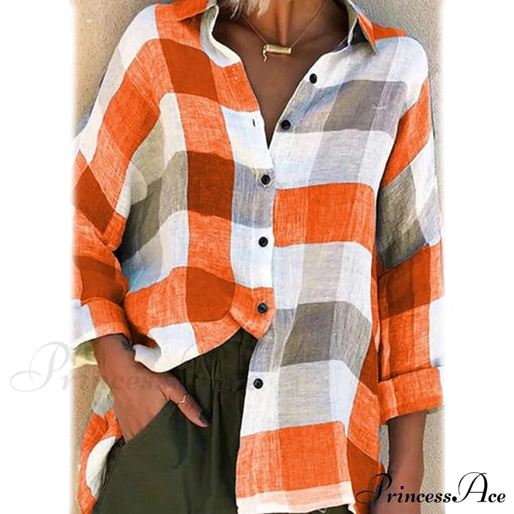 Women's Basic Loose Checkered Long Sleeve Shirt Orange __stock:200 clothes refund_fee:1200 tops