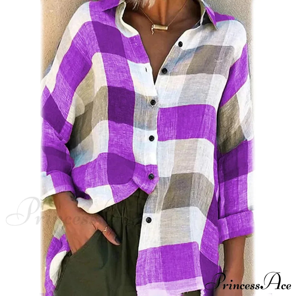 Women's Basic Loose Checkered Long Sleeve Shirt Purple __stock:200 clothes refund_fee:1200 tops