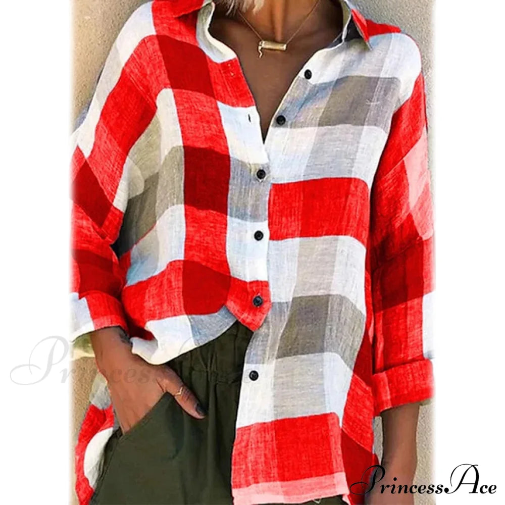 Women's Basic Loose Checkered Long Sleeve Shirt Red __stock:200 clothes refund_fee:1200 tops