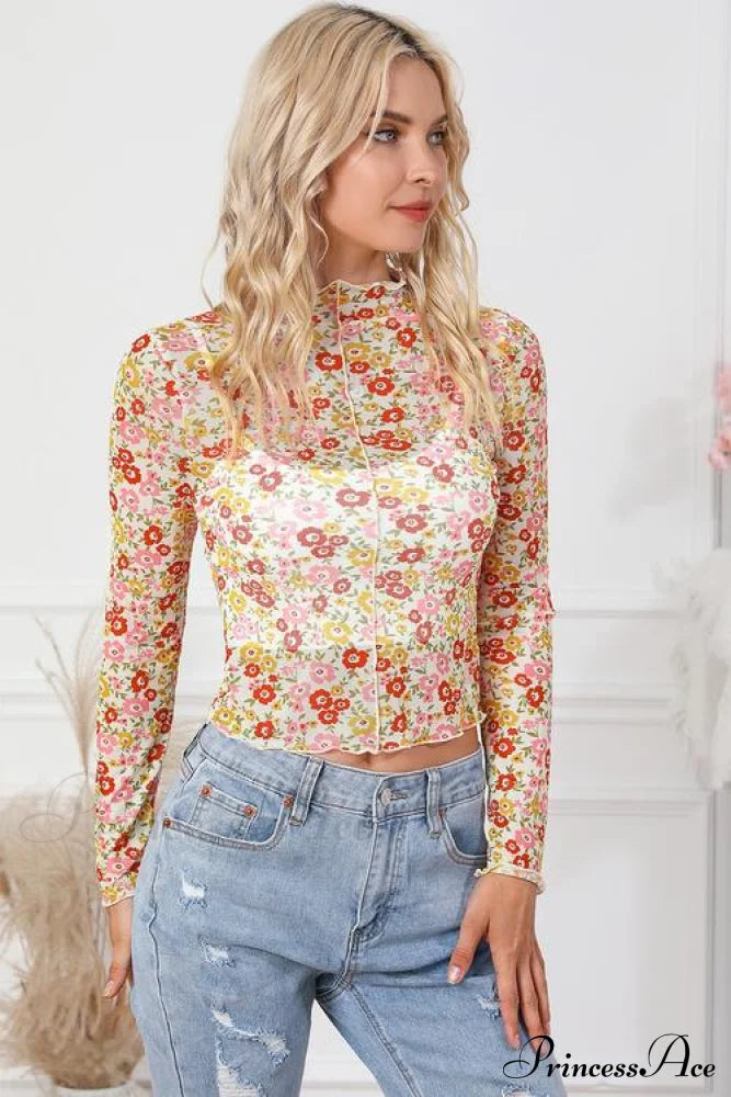 Long Arm Blouse Mock Flowered With Neck