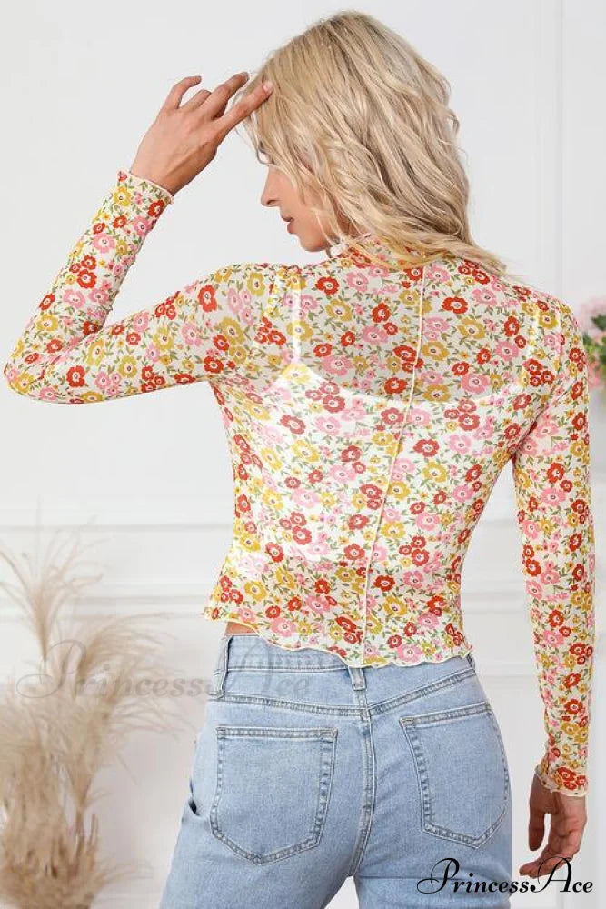 Long Arm Blouse Mock Flowered With Neck